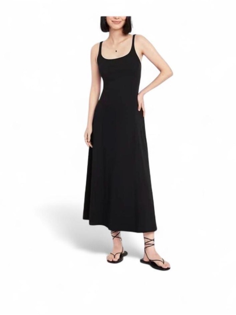 Elegant Black Calf Length Sleeveless Flare Dress with Scoop Neck